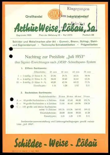 drei Werbeblätter, Fa. Arthur Weise, Löbau Sa., für Schilder u.ä., 1953/54