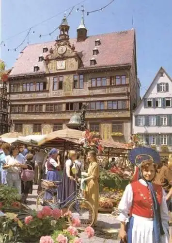 AK, Tübingen, Rathaus und Markt mit Markttreiben, um 1986