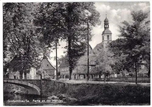 AK, Großschönau Sa., Partie an der Mandau mit Brücke und Kirche, 1961