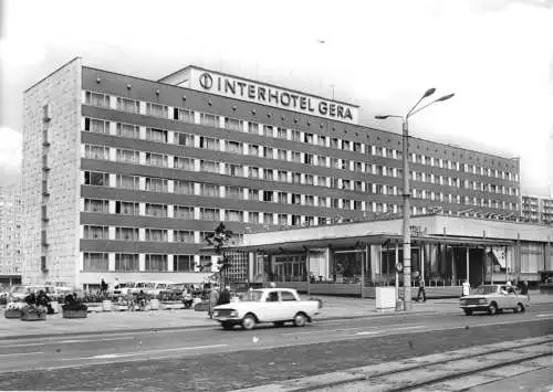 Ansichtskarte, Gera, Blick auf das Interhotel "Gera", zeitgen. Pkw., 1976