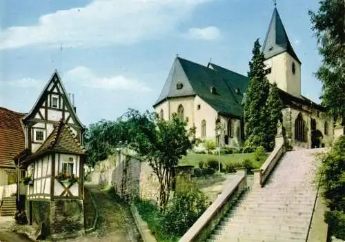 Ansichtskarte, Bad Orb im Spessart, Kleinstes Haus und Pfarrkirche St. Martin, um 1976