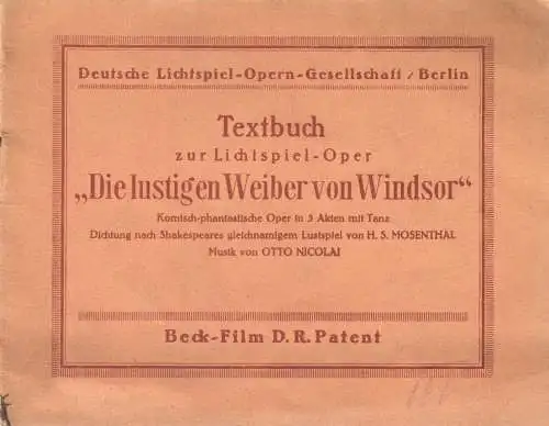 Textbuch zur Lichtspiel-Oper "Die lustigen Weiber von Winsor", um 1920