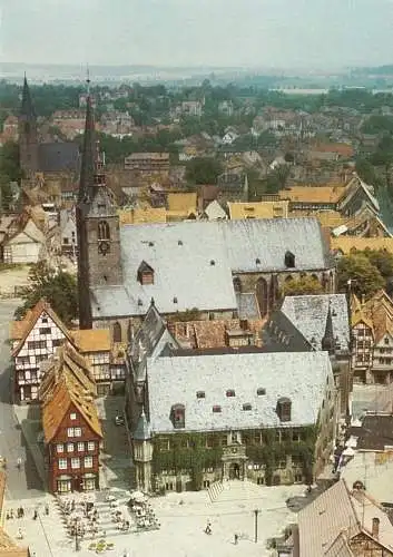 Ansichtskarte, Quedlinburg, Markt mit Kirche, Wintermotv, Luftbild, 1989