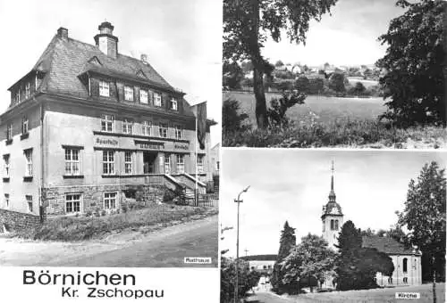 AK, Börnichen Kr. Zschopau, drei Abb., u.a. Rathaus und Kirche, 1984