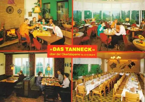 Ansichtskarte, Schulenberg Harz, Hotel "Das Tanneck", vier Innenansichten, um 1985