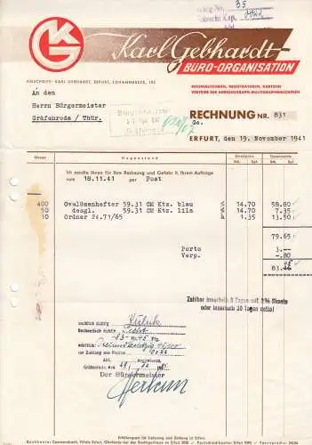 zwei Rechnungen, Fa. Karl Gebhardt, Büro-Organisation, Erfurt, 1939 bzw. 1941