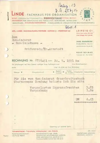 zwei Rechnungen, Linde, Fachhaus für Organisation, Leipzig C 1, 24.5.1951