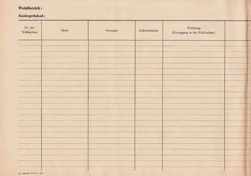 Korrekturliste zur Wählerliste in der DDR, blanko, um 1960