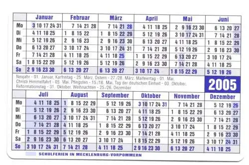 Kalender Scheckkartenformat, 2005, Werbung: St. Petri, Rostock