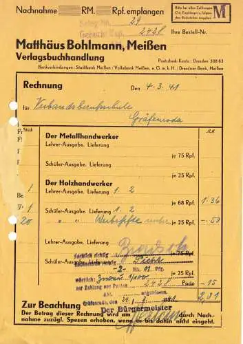 Rechnung, Matthäus Bohlmann, Verlagsbuchhandlung Meißen, 4.3.41