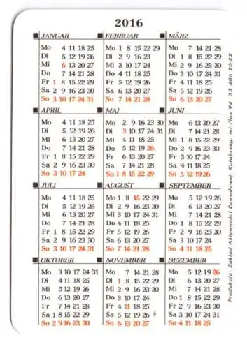 Kalender Scheckkartenformat, 2016, Werbung: MEGATOUR, Polnisches Reisebüro