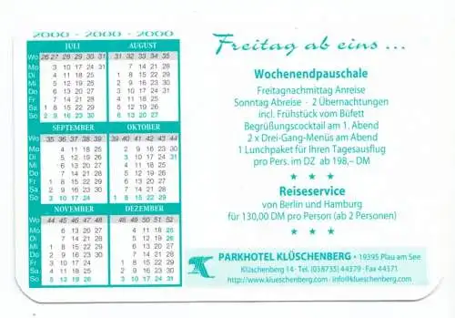 Kalender Scheckkartenformat, 2000, Werbung: Parkhotel Klüschenberg