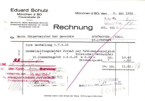 Rechnung, Fa. Eduard Schulz, München 2 SO, 1936