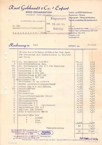 Rechnung, Fa. Karl Gebhardt & Co., Erfurt, Büroorganisation, 26.7.54