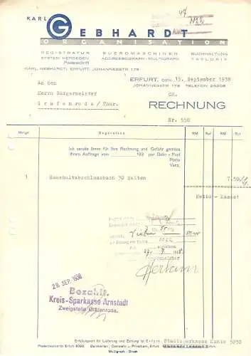 Rechnung, Karl Gerhardt Organisation, Erfurt, 15.09.1938