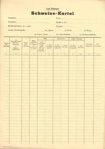 Schweine-Kartei, Land Thüringen, Blatt blanko, 1947