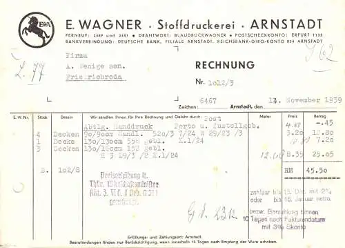 Rechnung, Fa. E. Wagner, Stoffdruckerei, Arnstadt, 1939