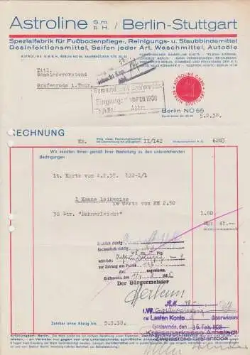 Rechnung, Fa. Astroline, Fußbodenpflegemittel, Berlin - Stuttgart, 5.2.38