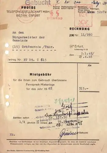 Rechnung, Protos Telefongesellschaft mbH, Bezirk Erfurt, 3.5.1948, AfS Siemens