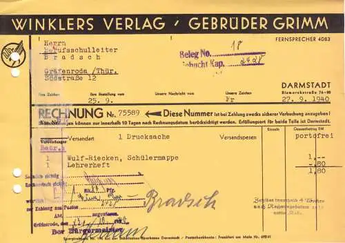 Rechnung, Winklers Verlag / Gebrüder Grimm, Darmstadt, 27.9.1940