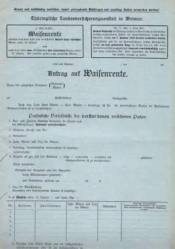 Thüringische Landesversicherungsanstalt Weimar, Antrag  auf Waisenrente, 1916