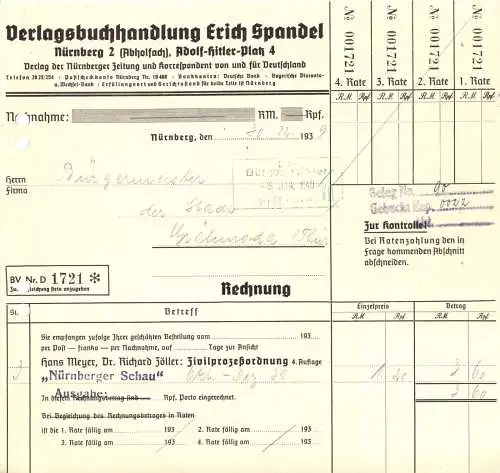 Rechnung, Verlagsbuchhandlung Erich Spandel, Nürnberg, 1939