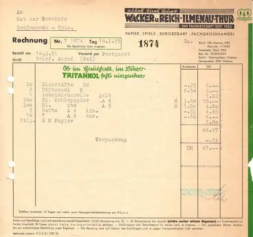 Rechnung, Wacker u. Reich, Ilmenau Thür., Alles fürs Büro, 10.3.55