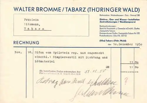 Rechnung, Walter Bromme, Tabarz (Thür. Wald), Bauklempnerei, 10.12.1950