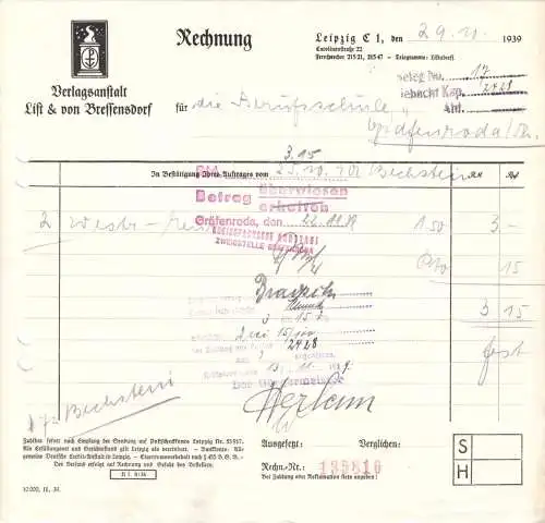 Rechnung, Verlagsanstalt List & Bressensdorf, Leipzig C 1, 29.10.39