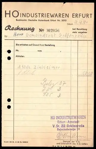 Rechnung, VEB Industriewaren Erfurt, 9.4.54