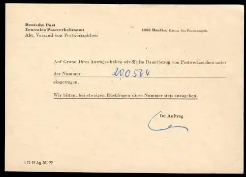 Unterlagen zur Bestellung von DDR-Sondermarken bei der Post der DDR, 1978