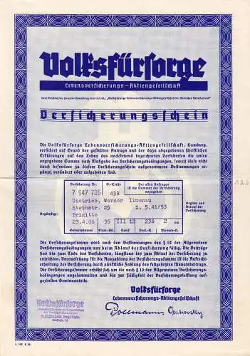 drei Versicherungsscheine, Volksfürsorge, 1936, 1938, 1941 + Umschlag