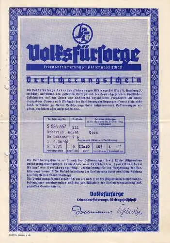 drei Versicherungsscheine, Volksfürsorge, 1936, 1938, 1941 + Umschlag