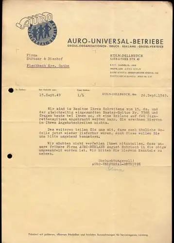 Anschreiben, Fa. Auro-Univeral Betriebe Köln-Delbrück, 24.09.49