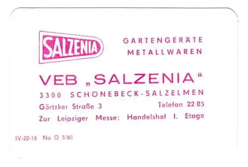 Kalender Scheckkartenformat, 1981, Werbung: VEB Salzenia, Schönebeck-Salzelmen