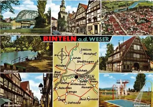 AK, Rinteln Weser, sieben Abb. und Landkarte, um 1971