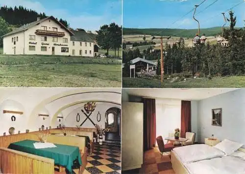 Ansichtskarte, Bischofsgrün Fichtelgeb., Hotel Garni Hirschmann, vier Abb., um 1978