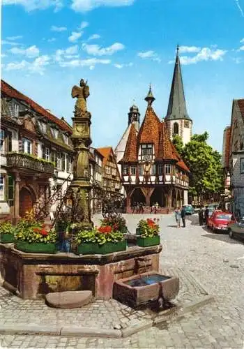 Ansichtskarte, Michelstadt im Odenwald, Marktplatz mit Brunnen, um 1975