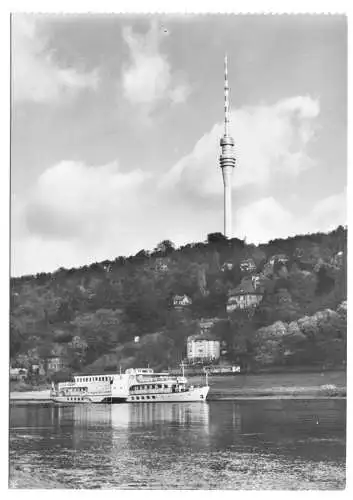 AK, Dresden Wachwitz, Blick von der Elbe zum Fernsehturm, Dampfer W. Pieck, 1979