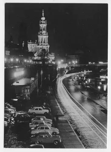 AK, Dresden, Brühlsche Terrasse, Nachtansicht, zeitgen. PKW, 1980