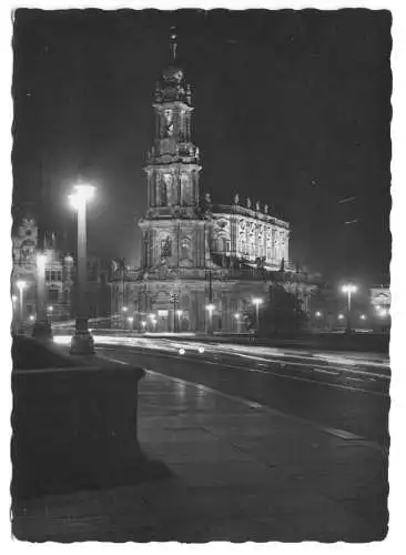 AK, Dresden, Katholische Hofkirche, Nachtansicht, 1958