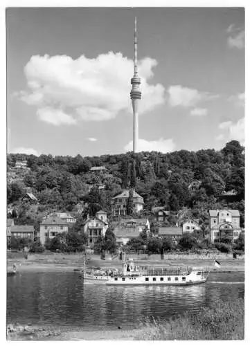 AK, Dresden Wachwitz, Blick von der Elbe zum Fernsehturm, Dampfer Torgau, 1970