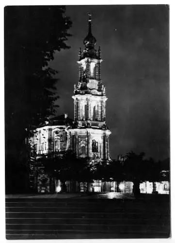 AK, Dresden, Brühlsche Terrasse mit Hofkirche, Nachtansicht, 1962