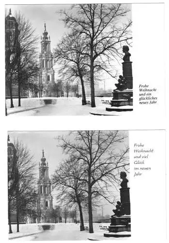 zwei AK, Dresden, Blick zur winterlichen Hofkirche, Varianten zu Neujahr, 1984