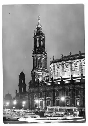 AK, Dresden, Thälmannplatz mit Hofkirche,  Nachtansicht, 1977