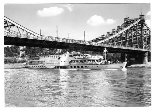 Ansichtskarte, Dresden, Brücke "Blaues Wunder" und Dampfer MS "Ernst Thälmann", 1967