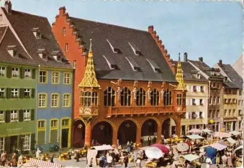 Ansichtskarte, Freiburg Schwarzwald, Markt, hist. Kaufhaus, 1970