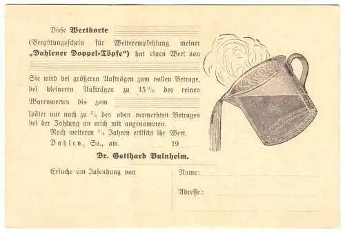 Werbepostkarte, Dahlen, Dahlener Doppel-Töpfe, Fa. Dr. Gotthard Bulnheim, 1906