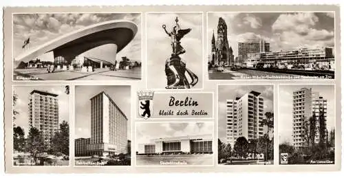 AK lang, Panoramakarte, Berlin West, acht Abb., Neubauten, um 1960