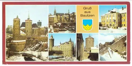 AK lang, Panoramakarte, Bautzen, sechs Winteransichten, Wappen, 1987